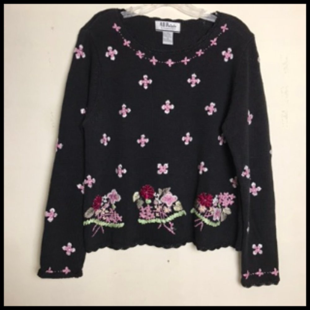 Vintage Style Floral Ribbon & Thread Embroidery Scallop Edges Sweater Size M